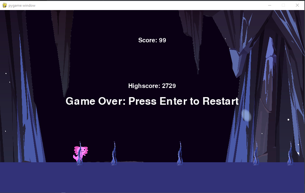 Large text reading "Game Over" is displayed, alongside the player's current score and the high score for the game