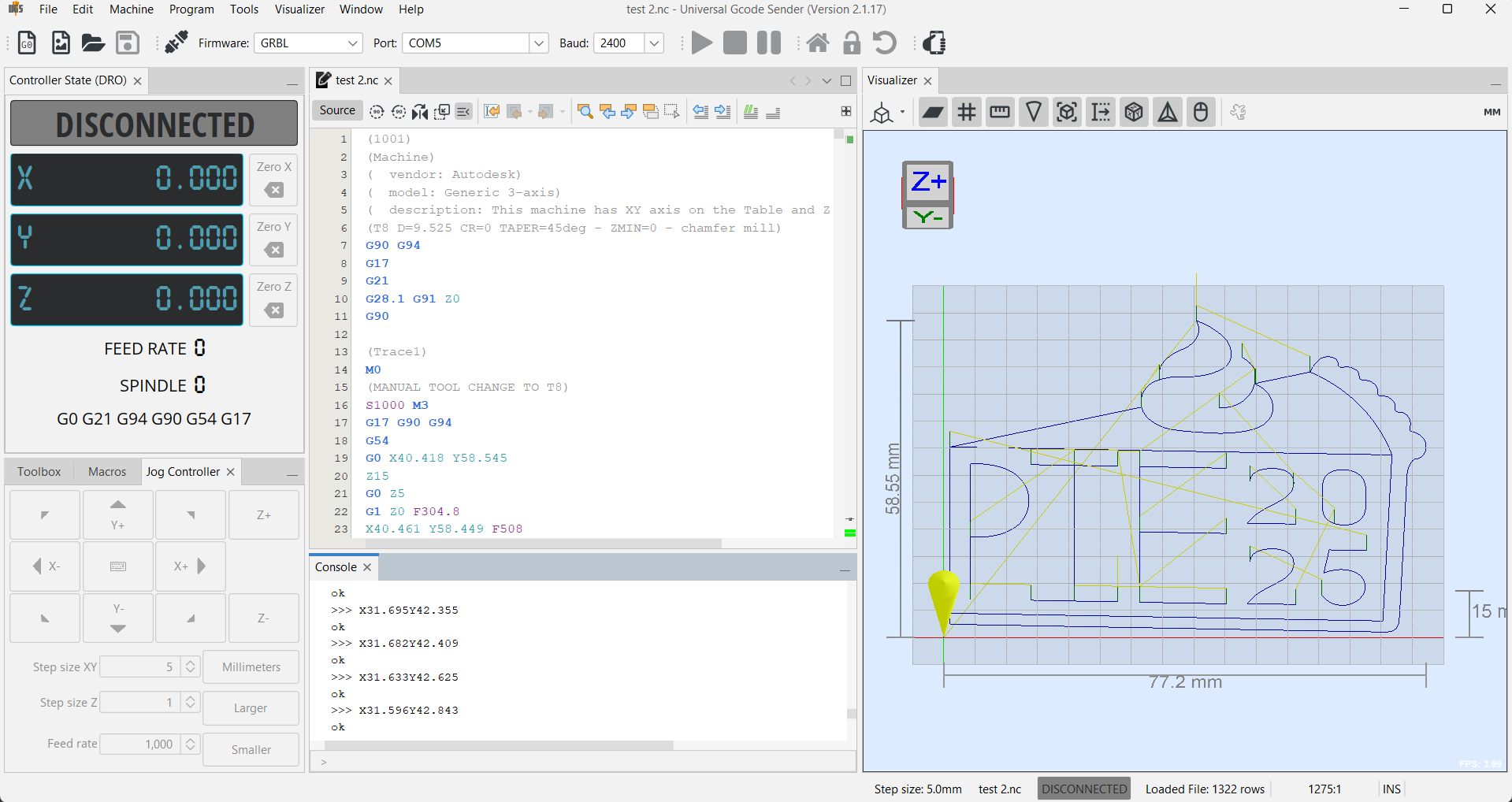 Universal G-code Sender visualization and command terminal